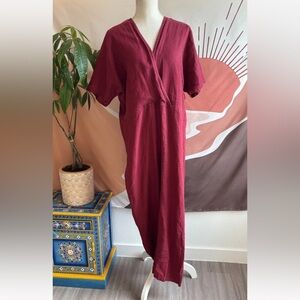 Love and Confuse Jumpsuit Maroon Linen Short Sleeve V-neck Size M Lagenlook Pant